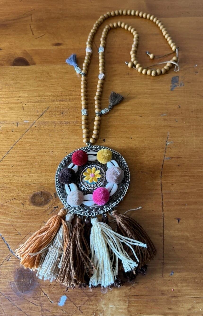 Boho Statement Tassel Necklace Pom Pom Fringe Pendant Artisan Style Free Spirit